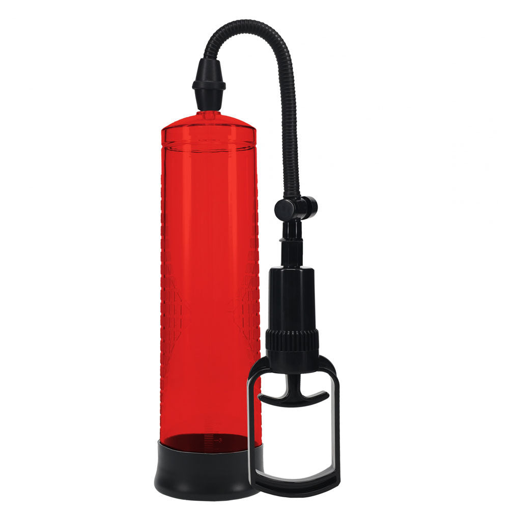 Basic transparent penis pump with measurement cylinder and soft silicone entry sleeve for erectile support and enhancement, red front size| Flirty bay online adult store, adult toys and lingerie